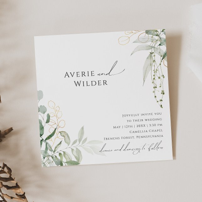 Whimsical Botanical and Gold Square Wedding Invitation (Creator Uploaded)