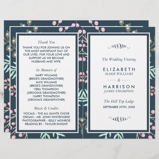 Whimsical Botanical Berry Wedding Bi-fold Program (Front/Back)