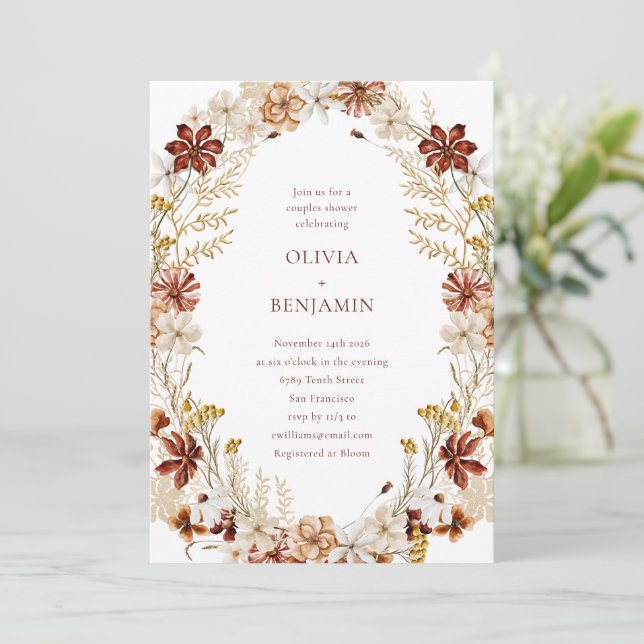 Whimsical Botanical Burgundy Wreath Couples Shower Invitation (Standing Front)