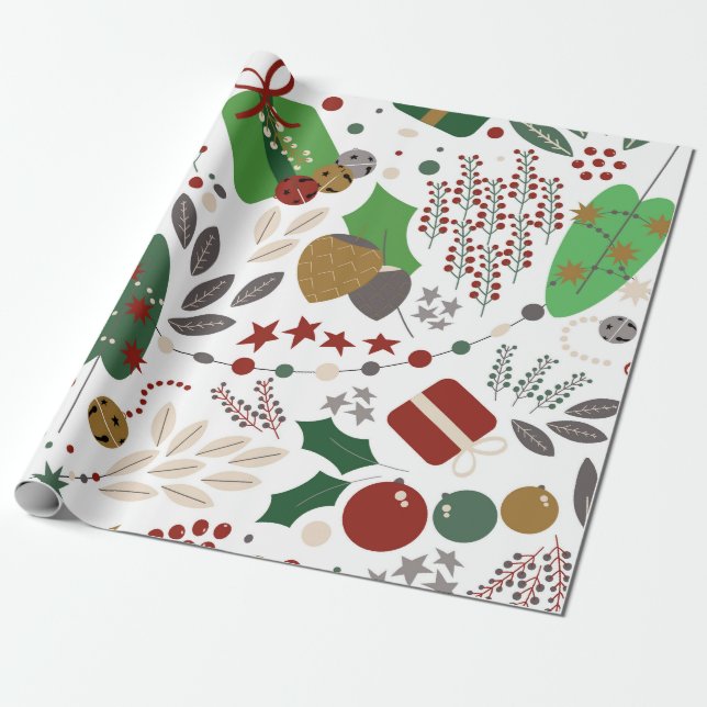 Whimsical Botanical Holiday Wrapping Paper (Unrolled)