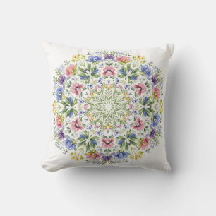 Whimsical Botanical Mandala Watercolor Floral Cushion