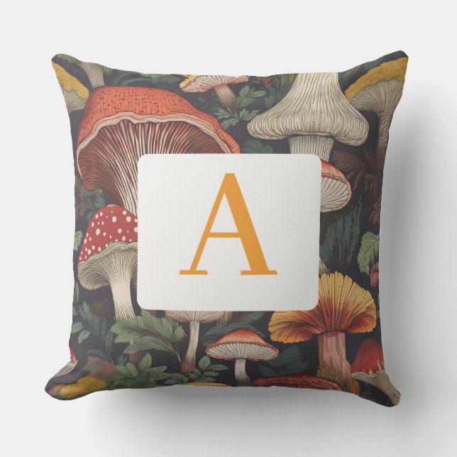 Whimsical Botanical Mushroom Pattern with Monogram Cushion (Front)