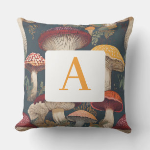 Whimsical Botanical Mushroom Pattern with Monogram Cushion