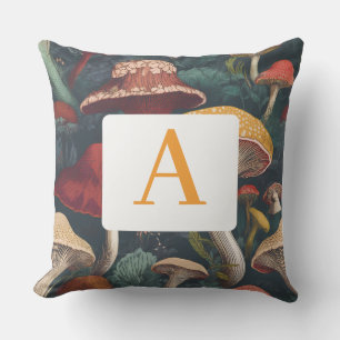 Whimsical Botanical Mushroom Pattern with Monogram Cushion