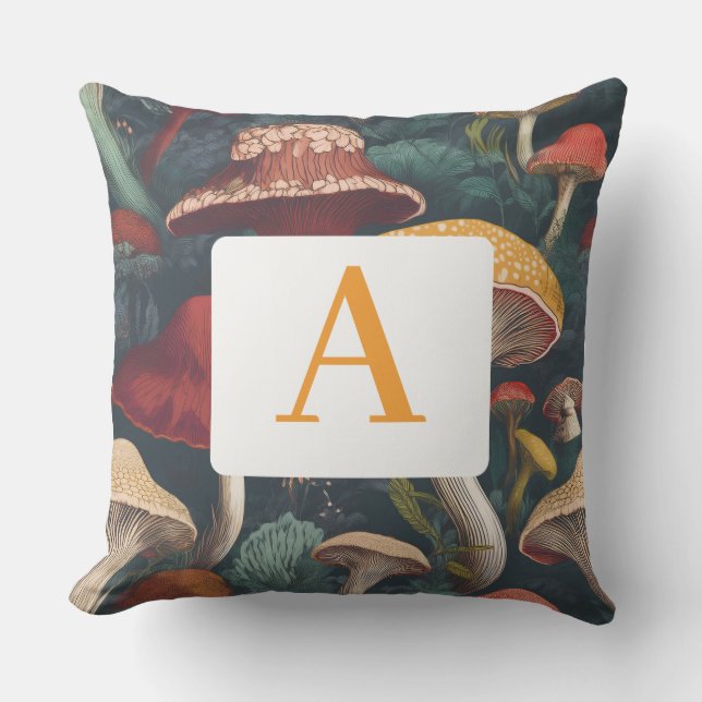Whimsical Botanical Mushroom Pattern with Monogram Cushion (Front)