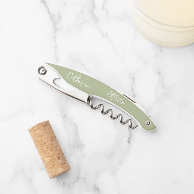 Whimsical Botanical Sage Green Bridesmaid Proposal Corkscrew (Front)