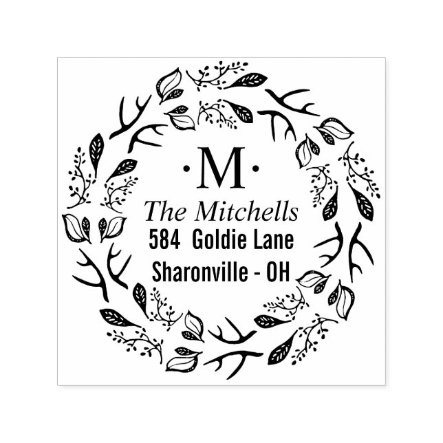 Whimsical Botanical Wreath Monogram address Self-inking Stamp (Design)