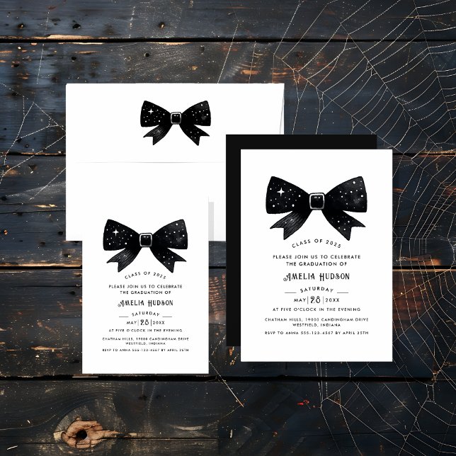 Whimsical Bow Black & White Graduation Party Invitation (Creator Uploaded)