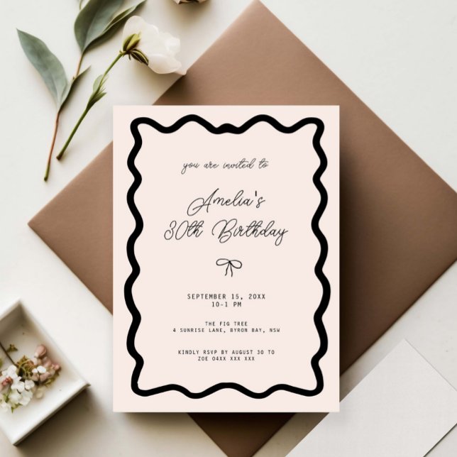 Whimsical Bow cursive border 30th birthday Invitation (Creator Uploaded)