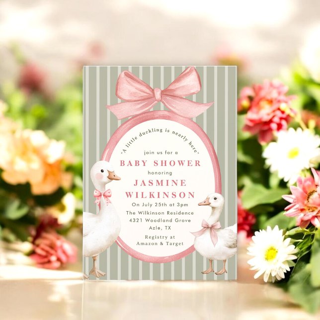 Whimsical bow Ducks Baby Shower with QR Code rsvp Invitation (Creator Uploaded)