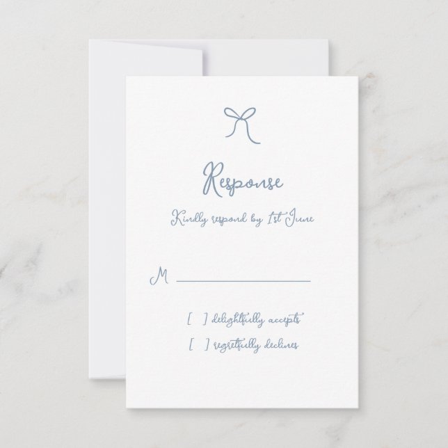 Whimsical Bow Dusty Blue Wedding RSVP Card (Front)