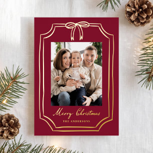 Whimsical Bow Frame Burgundy Christmas 5 Photo Foil Holiday Card