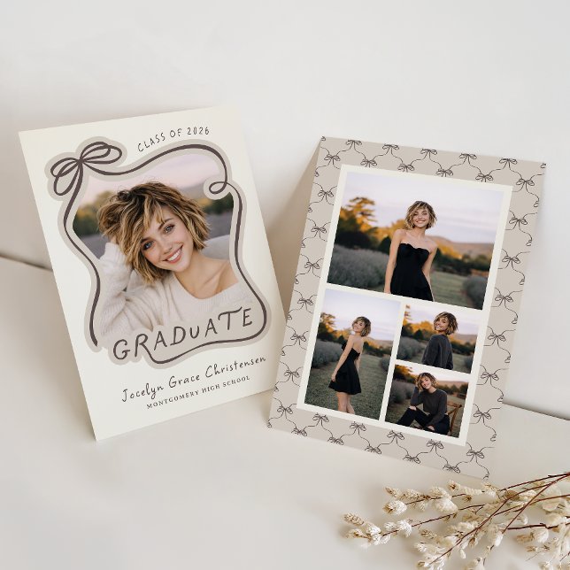 Whimsical Bow Frame Photo Collage Graduation Invitation (Front and Back View)