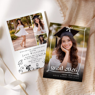 Whimsical Bow Hand drawn Graduation Party Photo Invitation