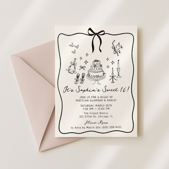 Whimsical Bow, hand drawn Sweet 16 Birthday  Invitation (Creator Uploaded)