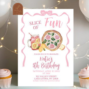 Whimsical Bow Lemonade and Pizza Girl Birthday Invitation