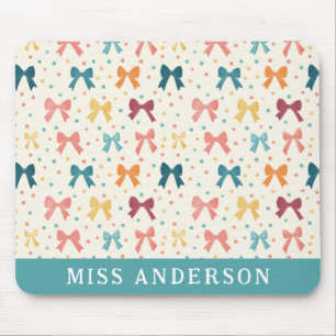 Whimsical Bow Pattern Rainbow Ribbons Custom Name Mouse Pad