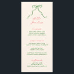 Whimsical Bow Personalizable Handwritten Menu<br><div class="desc">Whimsical bridal shower menu featuring a beautiful hand drawn bow in a fun and playful style,  accompanied by a casual,  handwritten font in a fun colour scheme of green and coral. This menu can be customised with the guest's name.</div>