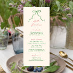 Whimsical Bow Personalizable Handwritten Menu<br><div class="desc">Whimsical bridal shower menu featuring a beautiful hand drawn bow in a fun and playful style,  accompanied by a casual,  handwritten font in a fun colour scheme of green and coral. This menu can be customised with the guest's name.</div>
