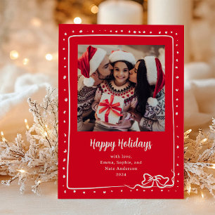 Whimsical Bow Photo Happy Holidays Red Holiday Card