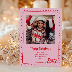 Whimsical Bow   Photo Merry Christmas Pink and Red Holiday Card