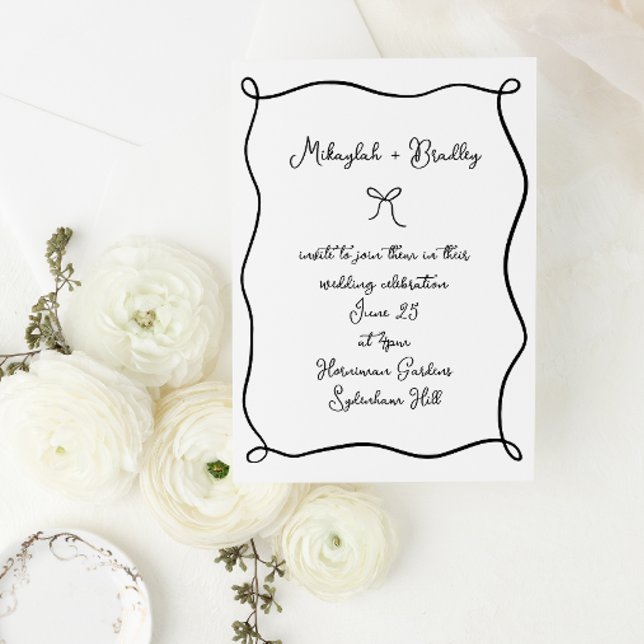 Whimsical Bow & Ribbon Black & White Wedding Invitation (Creator Uploaded)