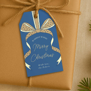 Whimsical Bow & Ribbon Blue Cream Merry Christmas Gift Tags