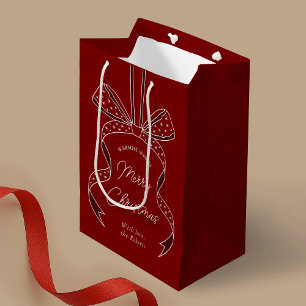 Whimsical Bow & Ribbon Festive Red Merry Christmas Medium Gift Bag