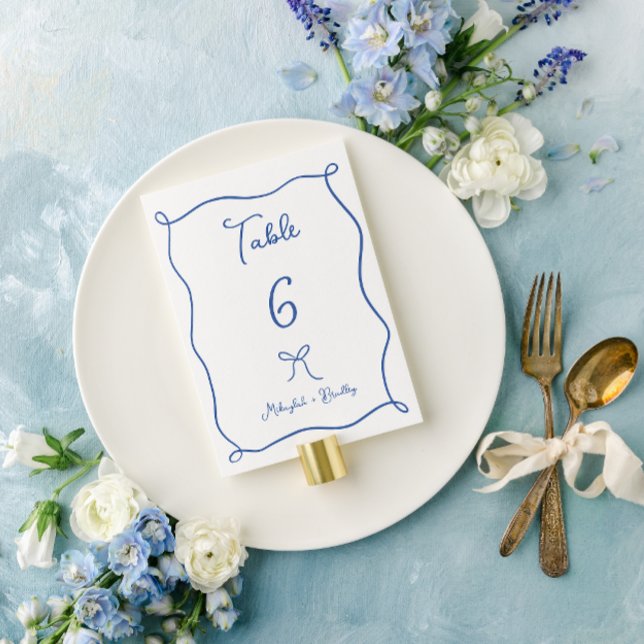 Whimsical Bow & Ribbons French Blue Wedding Table Number (Creator Uploaded)