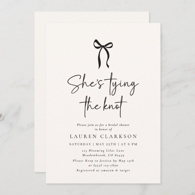 Whimsical Bow, Script Font Modern Tying the Knot  Invitation (Front/Back)