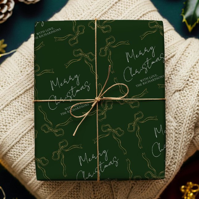 Whimsical Bows Green Gold Family Name Holiday Xmas Wrapping Paper (Hand drawn bows and ribbons green and gold Christmas Gift Wrapping Paper with your custom name)