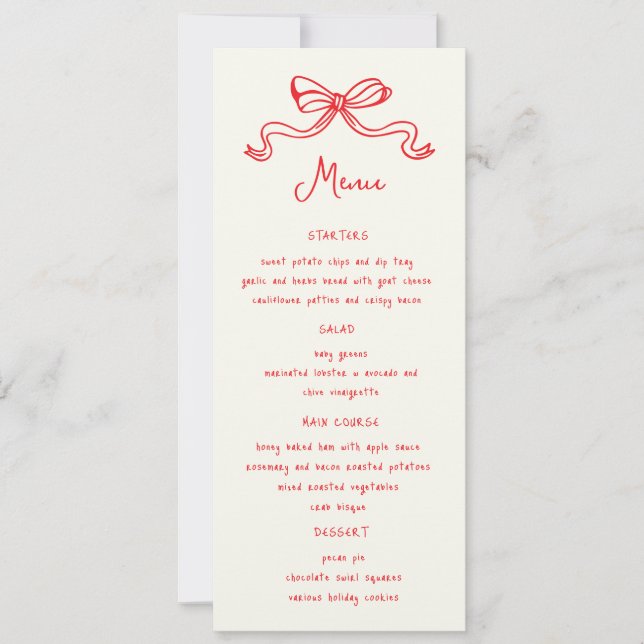 Whimsical Bows Hand Drawn Wedding Dinner Menu Invitation (Front)