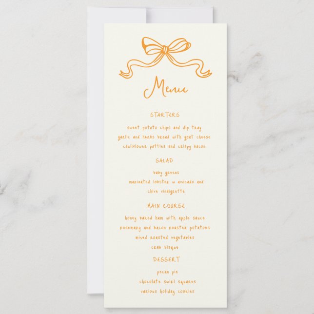 Whimsical Bows Hand Drawn Wedding Dinner Menu Invitation (Front)