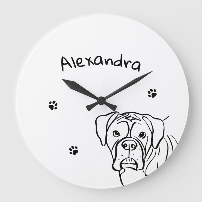 Whimsical Boxer: Editable Text Line Art Large Clock (Front)