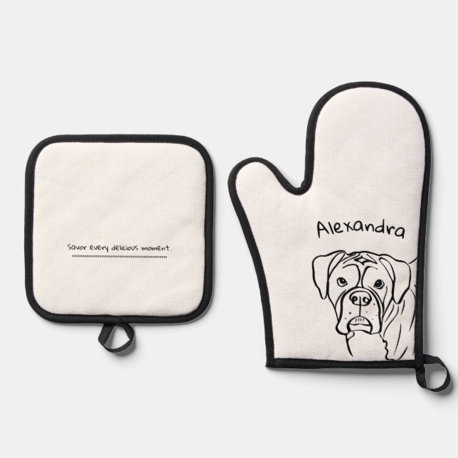 Whimsical Boxer: Editable Text Line Art Oven Mitt & Pot Holder Set (Front)
