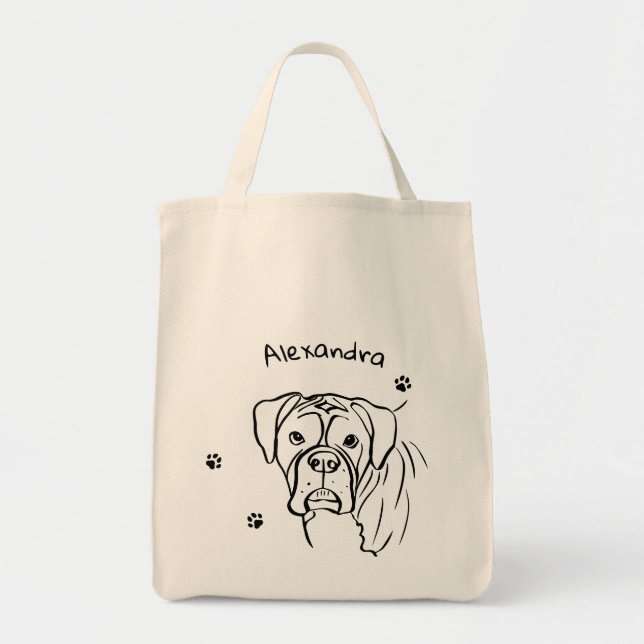 Whimsical Boxer: Editable Text Line Art Tote Bag (Front)