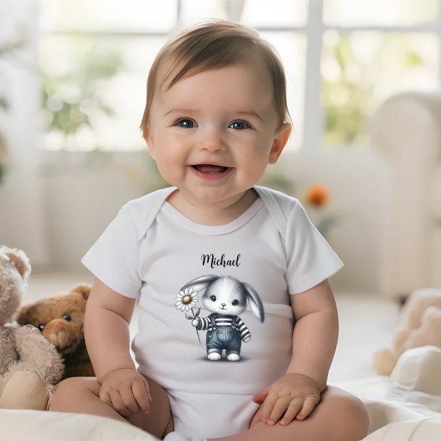 Whimsical Boy Bunny With Name Baby Bodysuit (Creator Uploaded)
