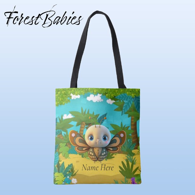 Whimsical Boy Butterfly Insect Kid Cartoon Graphic Tote Bag (Butterfly, Customizable ForestBabies Tote Bag - Front)