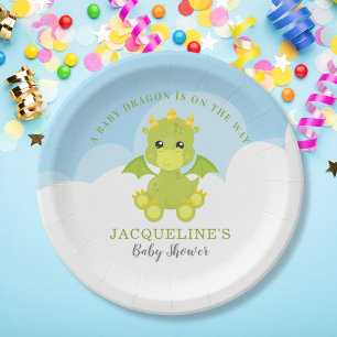 Whimsical Boy Dragon Baby Shower Paper Plate
