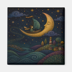 WHIMSICAL BOY SAILING GOLDEN CRESCENT MOON MAGNET