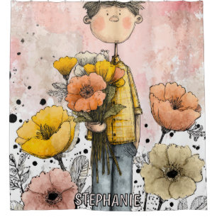 Whimsical Boy Watercolor with Floral Accents (1) Shower Curtain