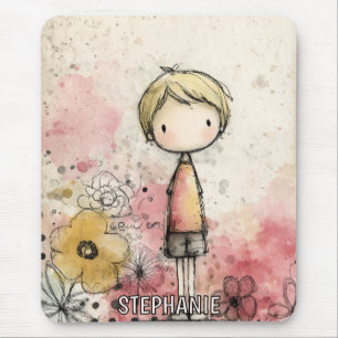 Whimsical Boy Watercolor with Floral Accents (2) Mouse Pad