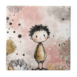 Whimsical Boy Watercolor with Floral Accents (3) Ceramic Tile