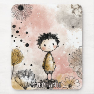 Whimsical Boy Watercolor with Floral Accents (3) Mouse Pad