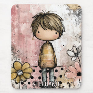 Whimsical Boy Watercolor with Floral Accents (4) Mouse Pad