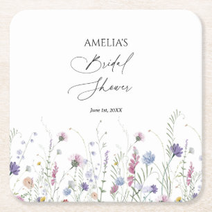 Whimsical Bridal Shower Paper Coaster, Purple Square Paper Coaster