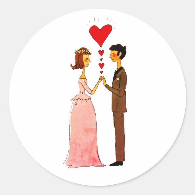 Whimsical Bride and Groom in Love Wedding Classic Round Sticker (Front)