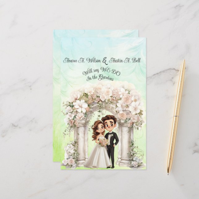 Whimsical Bride and Groom Wedding Paper Sheet (Front/Back In Situ)
