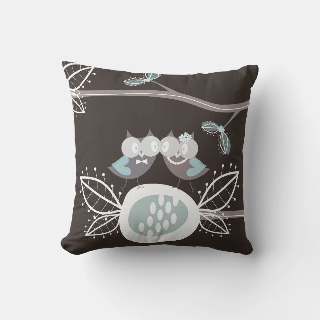 Whimsical Bride Groom Blue Wedding Owls Cushion (Front)
