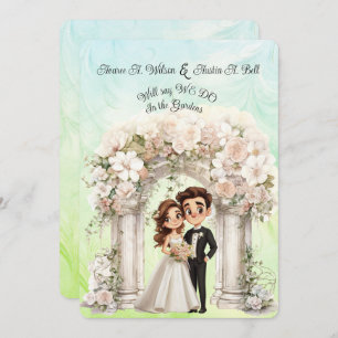 Whimsical Bride Groom Wedding Arch Blue Green Invitation
